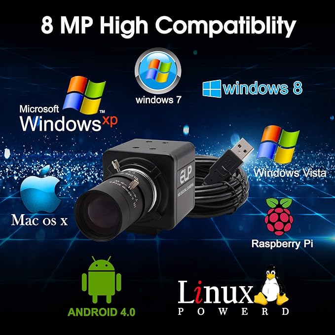 8MP Webcam 5-50mm Varifocal Lens USB Industrial Camera for Indoor Outdoor Super HD 3264X2448 USB Webcamera for Linux Windows Android Plug&ampPlay OTG Supported