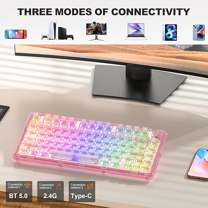 Transparent Mechanical Keyboard 80-Key RGB Backlit Wireless Gaming Keyboards Hot Swap Customizable Clear Acrylic Design Quiet Linear Switches 3 Modes BT5.0/2.4G/USB-C 4000mAh Battery (Pink)