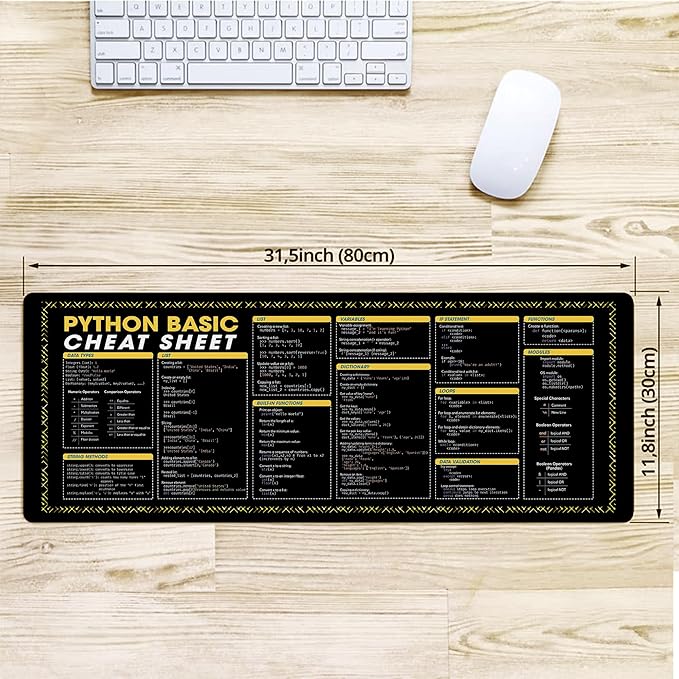 Python Basic Cheat Sheet Mouse Mat – Quick Guide for Beginners Large Mouse Mat for Coders Perfect for New Programmers Essential Computer Accessories for Study Work and Reference Purposes NVA