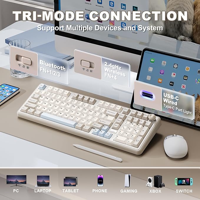 YUNZII B98 PRO QMK/VIA Wireless Mechanical Gaming Keyboard 96% Layout with Numpad and Cute Cat Knob BT/2.4G/USB-C Pre-Lubed Switch Hot Swap Gasket RGB for Win/Mac (Beige Candy Linear Switch)