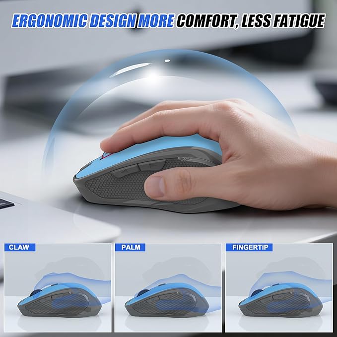 Wireless Bluetooth Mouse for iPad Pro MacBook Ergonomic Rechargeable Mice with Jiggler Mode 2-Mode Bluetooth 5.2/3.0 &amp 2.4G USB-A/USB-C Receiver Silent Optical Mouse for Mac PC Laptop Blue