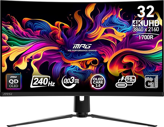 msi MPG 321CURX QD-OLED 32-inch 3840 x 2160 (UHD) Computer Monitor 240Hz Adaptive-Sync HDMI DP Port VESA Mountable Tilt Speaker 0.03ms Black