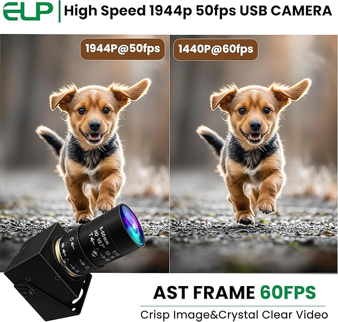 ELP Global Shutter USB Camera Manual Zoom Webcam 5mp 50fps High Speed PC Camera 5-50mm Variable Focus CS Mount Webcamera 1440P 60fps Lightburn Cam UVC USB2.0 Varifocal Telephoto Web Cam (10X Zoom)
