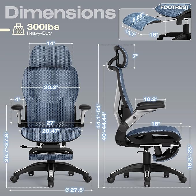 ELABEST X100 Ergonomic Office Chair with Footrest Big and Tall Home Desk Chair with 5D Flip-Up Arms Adjustable 3D Lumbar SupportHigh Back Rolling Computer Chair Swivel Mesh Chairs (Oaxaca Blue)