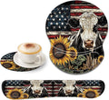 Bxgolkgd Ergonomic Gel Mouse Wrist Rest Pad and Keyboard Pad SetAnti-Slip PU Bottom Easy Typing and Relieve Wrist Pain with Cute Coaster Set (3-American Flag Cow with Sunflowers)