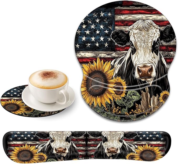Bxgolkgd Ergonomic Gel Mouse Wrist Rest Pad and Keyboard Pad SetAnti-Slip PU Bottom Easy Typing and Relieve Wrist Pain with Cute Coaster Set (3-American Flag Cow with Sunflowers)