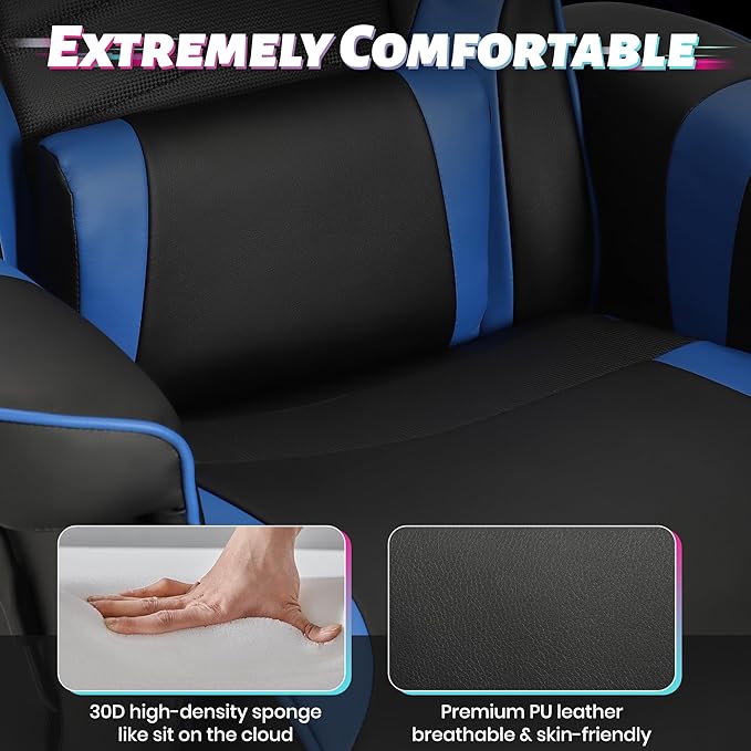Game Reclining Chair with Adjustable Height PU Gaming Chair with Massage Long Footrest and Lumbar Support High Back Swivel Computer Game Chair for Adult(Blue)