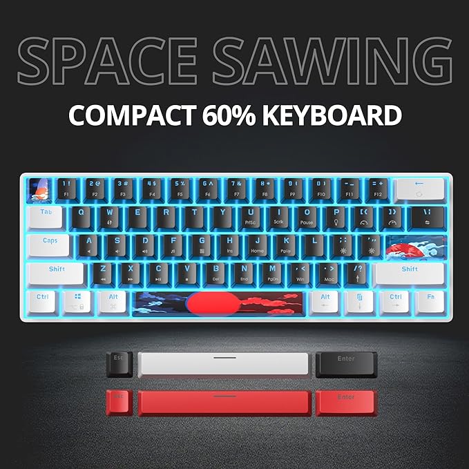 Portable 60% Mechanical Gaming Keyboard 60 Percent Red Switch LED Backlit 61 Keys Mini Black &amp White USB Wired Office Keyboard for Windows Mac Laptop PC