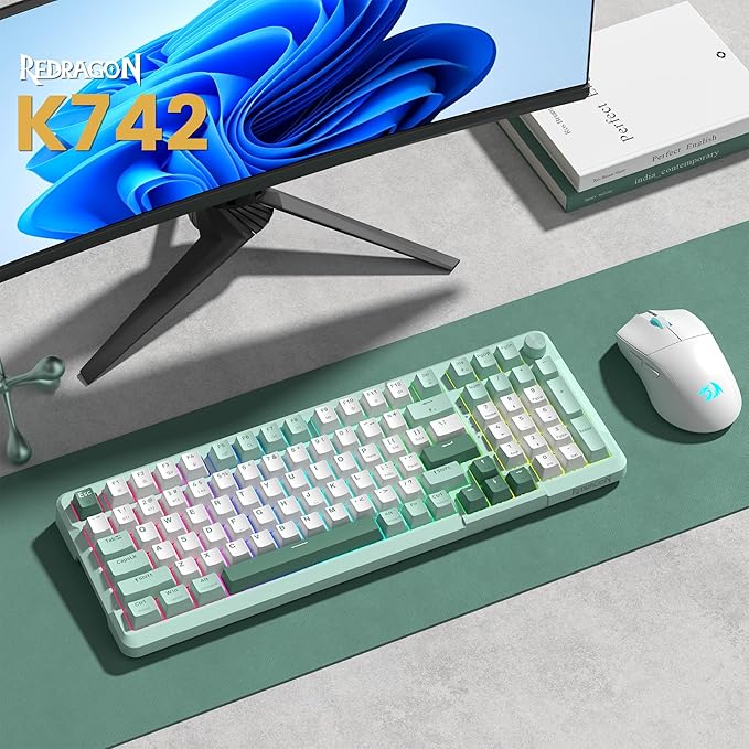 Redragon K742 Wireless Mechanical Gaming Keyboard with Knob Bluetooth 5.0/2.4GHz/USB C Wired Creamy Keyboard with Number Pad for PC Computer RGB Backlits Hot-Swappable with Linear Switches (Green)