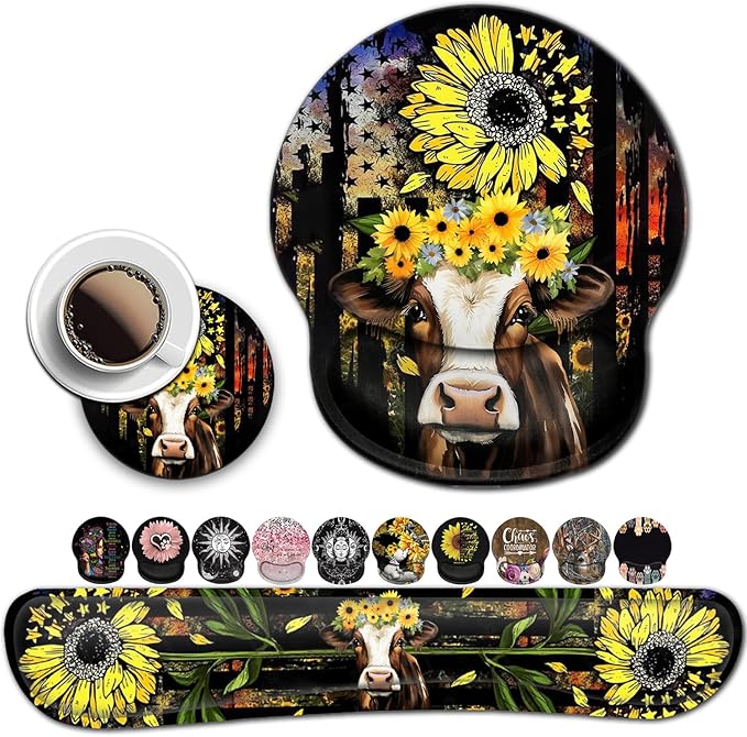 Ergonomic Mouse Pad with Gel Wrist Rest Support Suitable for Office Typing Games Mouse PadSoft Non-Slip Relieves Wrist Fatigue Beautiful Sunflower and Cute Cow Pattern Design Desktop Decoration