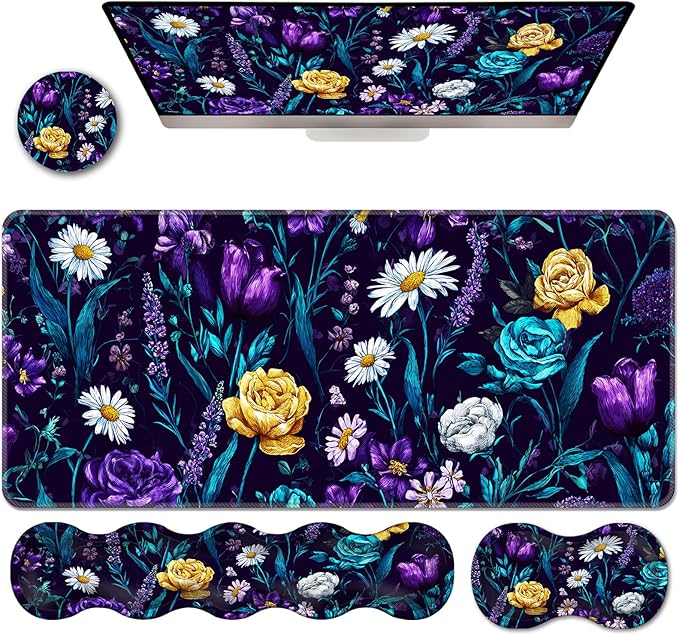 Ergonomic Keyboard Wrist Rest &amp Mouse Pad Wrist Rest SetXL Gaming Desk Mat 31.5x 11.8Non-Slip BaseMemory FoamEasy Typing Pain Relief for Office &amp HomePurple Floral Bouquet