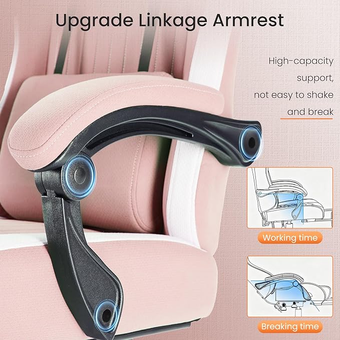 Sweetcrispy Video Gaming Chair - Ergonomic Desk Chair with Footrest and Lumbar Support Height Adjustable High Back Task Chair with Linkage Armrests and Headrest 360° Wheels Pink