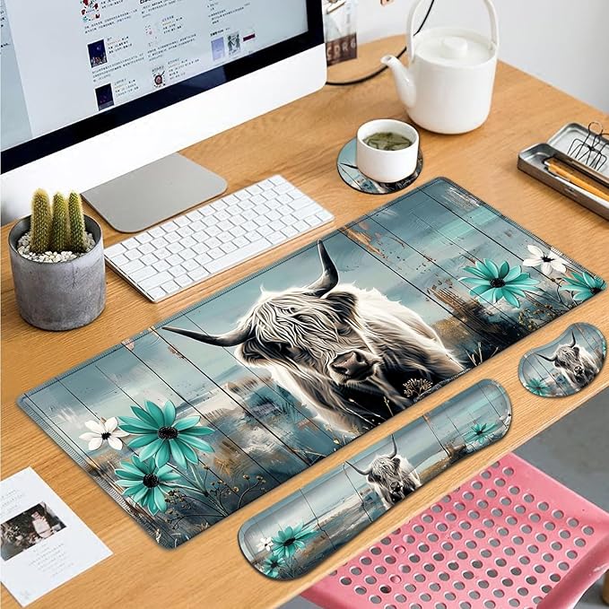 Large Gaming Mouse Pad+ Keyboard Wrist Rest Set Ergonomics Memory Foam Mouse Mat Wrist Rest Support for Home Office Waterproof Extended Mousepad 31.5x11.8in Highland Cow Desk Pad