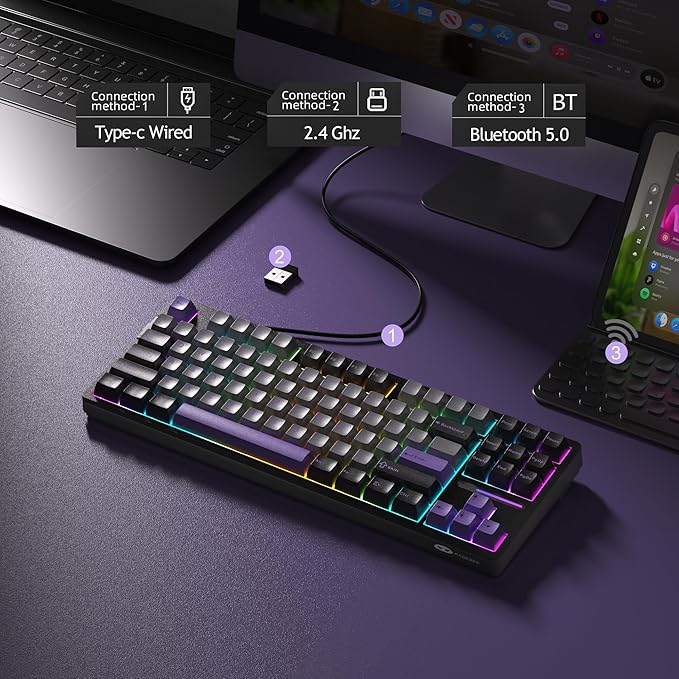 MageGee LIGHT87 Wireless Creamy Keyboard Gasket Structure Hot Swappable Mechanical Keyboards 2.4G/USB-C/BT5.0 RGB Backlit Gaming Keyboard for Win/Mac/PC 4000mAh Battery PBT Keycaps Purple