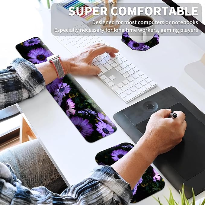 Keyboard Wrist Rest and Mouse Pad Set Keyboard Wrist Support + Small Mouse Pad + Elbow Arm Rest Pad + Coaster Ergonomic Memory Foam Wrist Rest for Computer Keyboard Purple Daisy Flowers
