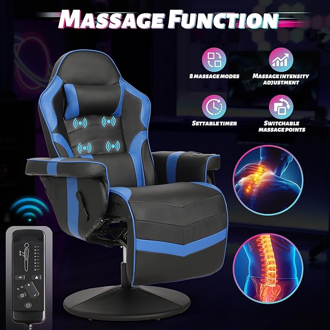 Game Reclining Chair with Adjustable Height PU Gaming Chair with Massage Long Footrest and Lumbar Support High Back Swivel Computer Game Chair for Adult(Blue)