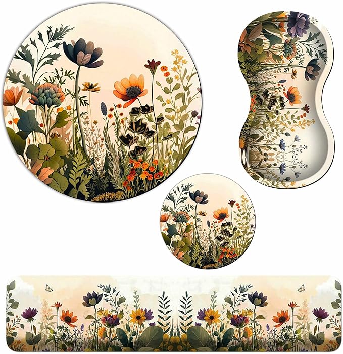 Mouse Pad with Wrist Rest + Keyboard Wrist Rest + Gaming Mouse Pad + Coasters Ergonomic Memory Foam Wrist Pad Set with Easy Typing &amp Pain Relief for Computer Laptop Office &amp Home - Floral Flow