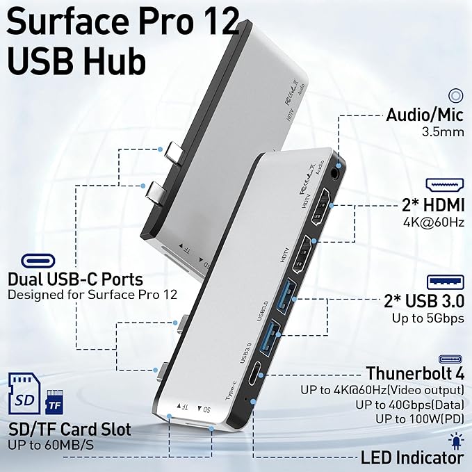 Surface Pro 12 Docking Station Quad Display Surface Pro 12 USB Hub with Dual 4K HDMI Thunerbolt 4 Hub (4K@60Hz Display+ 40Gbps Data+ 100W Charge) 2 USB3.0 SD/TF Audio for Surface Pro 12 inch 2025