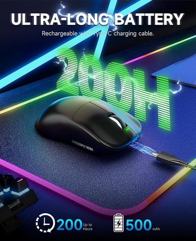 VGN F1 Wireless Gaming Mouse 26000 DPI High Precision 55g Lightweight 4K Polling Rate 200-Hour Battery Life 6 Programmable Buttons USB-C Charging Gaming Mouse Wireless for PC/Mac/LaptopBlack