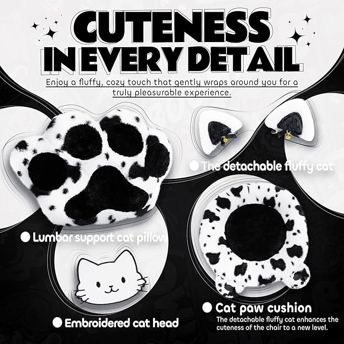 Gaming Chair Cute with Cat Ears Paw Lumbar and CushionErgonomic Computer Chair with FootrestReclining PC Game Chair for Girl Computer Chair 300lbs for Adult Black White