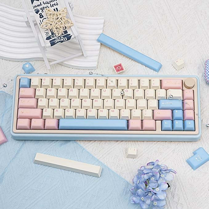 PBT Keycaps Cute Custom Keyboard Pink Keycaps 60 75 100% Double Shot 164 Keys Transparent Set for Cherry Gateron MX Switches Pink White Blue