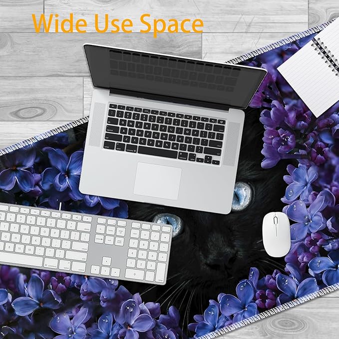 Large Mouse Pad Set Desktop Mouse Pad + Keyboard Wrist Pad + Mouse Wrist Pad + Coaster Ergonomic Memory Foam Multi-functional Desk Mat - Flower and Black Cat