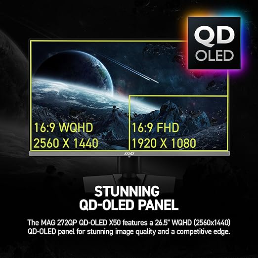 msi MAG 272QP QD-OLED X50 26.5-inch 2560 x 1440 (WQHD) Gaming Monitor 500Hz AMD Adaptive-Sync HDR Ready HDMI VGA Port VESA Mountable Tilt 4-Side Slim Bezel 0.03ms Black