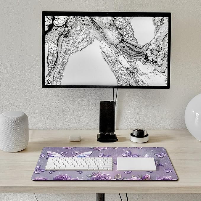 Purple Butterflies Roses Mouse Pad Large Desk Mat Extended Keyboard Mouse Pad with Non-Slip Base and Stitched Edge Mouse Mat Desk Pad 30x16 Mouse Pads for Desk Home Office Gaming