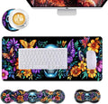 Mouse PadLarge Desk Mat Set 4in1 XL Mousepad + Keyboard Wrist Rest+Mouse Wrist Rest+Coaster with Ergonomic Desk Pad for Home Office Table Computer Cover -Skull with Flowers and Butterflies
