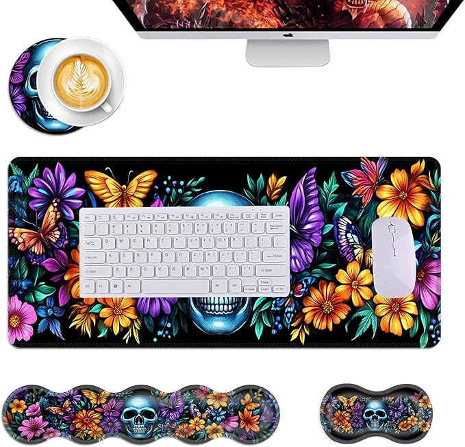 Mouse PadLarge Desk Mat Set 4in1 XL Mousepad + Keyboard Wrist Rest+Mouse Wrist Rest+Coaster with Ergonomic Desk Pad for Home Office Table Computer Cover -Skull with Flowers and Butterflies