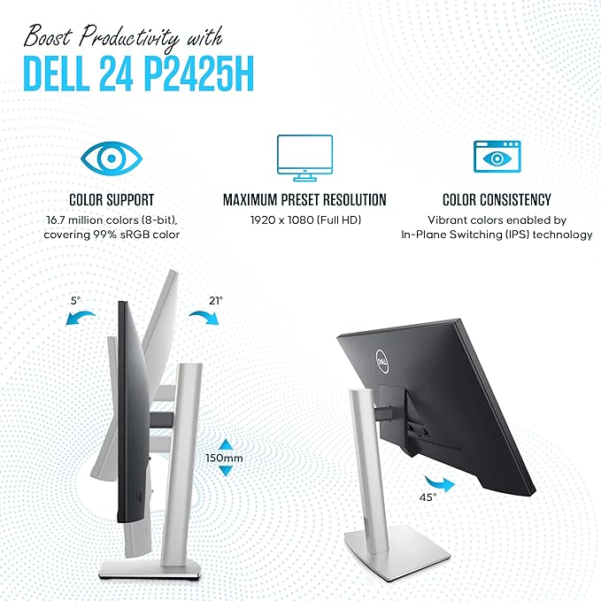 P2425H for Dell Replacement - Computer Monitor Screen 24 16:9 IPS Bundle with Stand - Full HD 1920 x 1080-1 Year Warranty - LED 100Hz - with DisplayPort &amp USB 3.0 Upstream Cable - New Model