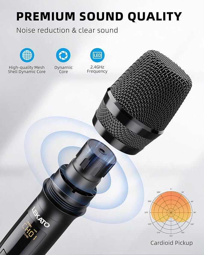 LEKATO Wireless Microphone 2.4GHz Rechargeable Dual Handheld Wireless Dynamic Microphone System Set with 1/4 Receiver Professional Cordless Microphone for Karaoke Wedding Party Speech Church