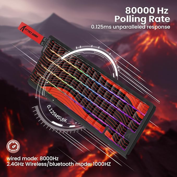 MAMBASNAKE Attack Shark X68PRO HE Rapid Trigger Wireless Keyboard 0.01mm RT Accuracy 8000Hz Wired Gaming Keyboard Adjustable Actuation Snap Tap RGB Backlit Magnetic Switch C01 Coiled Cable -Red