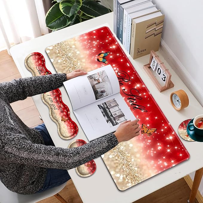 Large XXL Gaming Desk Mat 31.5x 11.8 Ergonomic Keyboard Wrist Rest &amp Mouse Pad Wrist Rest + Coaster Set Non-Slip Base Memory Foam Office and Home Christian Psalm 46:10
