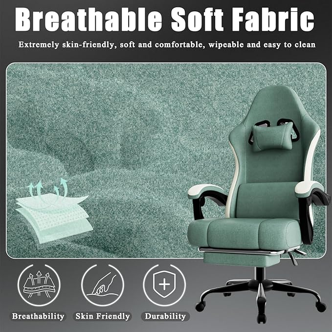Gaming Chair High Back Fabric Computer Chair with Pocketed Spring Cushion and Footrest Height Adjustable Game Chair with Headrest and Lumbar Support