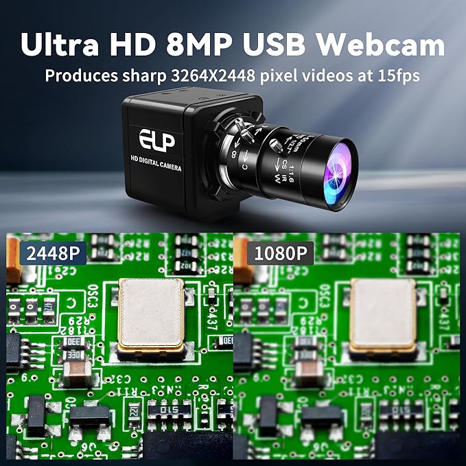 Magnolia USB Camera 8MP 10X Optical Zoomable Webcam with CS 5-50mm Varifocal Manual Lens CMOS IMX179 Sensor Webcam Zoom in and Out Industrial Camera Plug and Play for Linux Windows Raspberry Pi