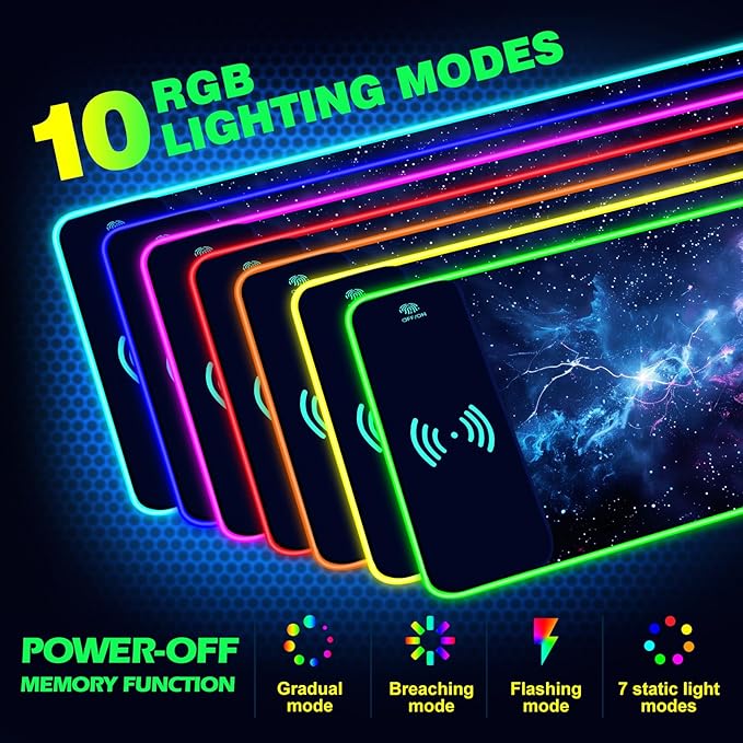 AIMSA RGB Gaming Mouse Pad with Wireless Charging Large Keyboard Mouse Pad with 14 LED Light Modes Non-Slip Rubber Base Waterproof Desk Pad for Home Office Decor Blue Purple Cosmic Nebula