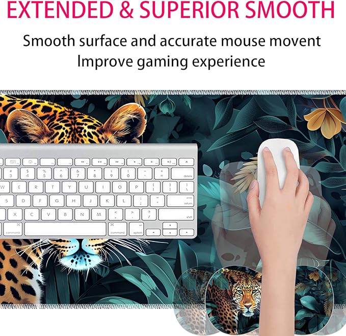 Large Gaming Mouse Pad + Mouse Wrist Rest Pad + Coaster Combination 31.5 x 11.8 Durable Non-Slip Extension Table Mat Suitable for Office and Home Leopard Jungle