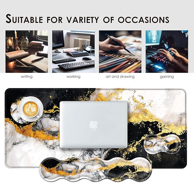 Large Keyboard Mouse Pad Set Extended Mouse Pad+Keyboard Wrist Rest Support Memory Foam Ergonomic Easy Typing 4Pcs (31.5×11.8 in) Desk Pad Set for Office HomeBlack and White Gold Marble