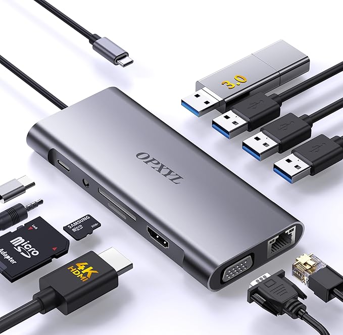 11-in-1 USB C Hub Multiport Adapter USB C Docking Station with 4K HDMI VGA 1080P 100W PD Ethernet SD/TF Audio USB 3.0 Port Laptop Dock for MacBook Pro/Air iPad Windows