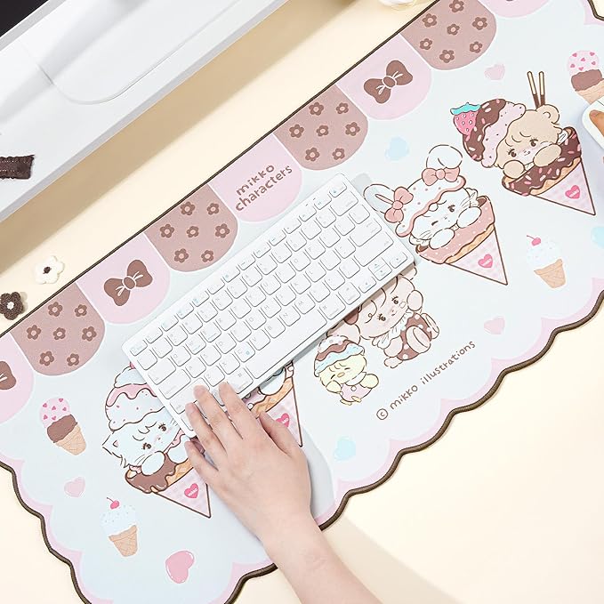 GeekShare Mouse Pad with Stitched Edge Non-Slip Rubber Base Large Gaming Mouse Pad Cute Cartoon Waved Edge Desk Mat for Gaming Home Office Work - Mikko Ice Cream