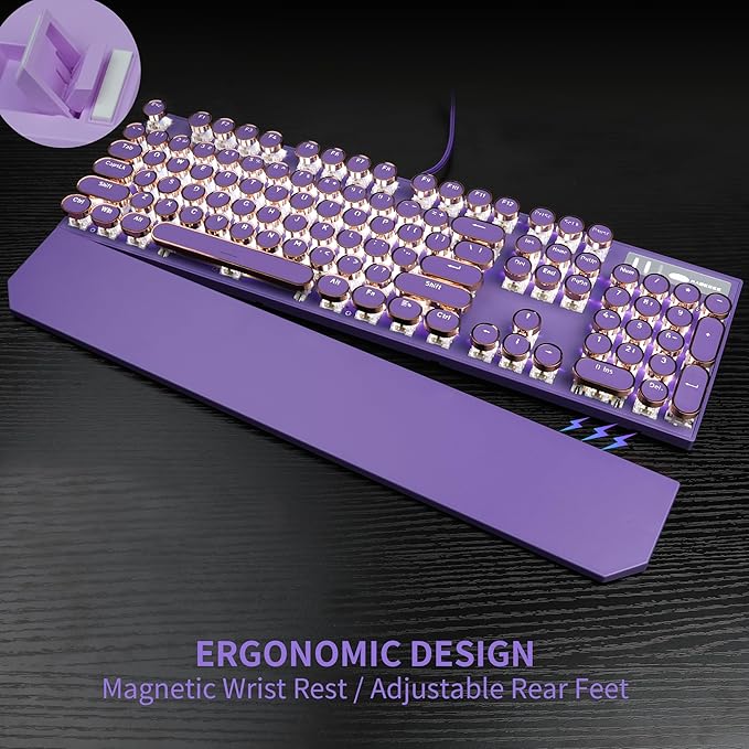 Camiysn Typewriter Style Mechanical Gaming Keyboard Purple Retro Punk Gaming Keyboard with White Backlit 104 Keys Blue Switch Wired Cute Keyboards Round Keycaps for Windows/Mac/PC