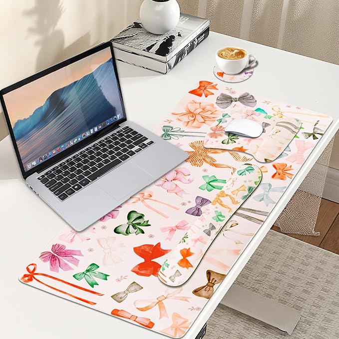 MEGREZ 4-in-1 Ergonomic Memory Foam Wrist Rest Set Desk Pad Mouse Pad with Wrist Rest Keyboard Pad Suitable for Office Workers Programmers &amp Gamers–Relieve Typing &amp Gaming Fatigue White