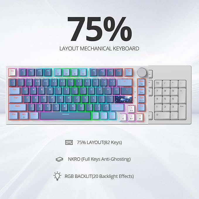 75% TKL Wired Mechanical KeyboardRGB Backlit Gasket Mount 82 Key Hot Swappable Custom Linear Red Switch Gaming Keyboard with Volume Knob &amp PBT Keycaps (82 Sea Fog Blue)