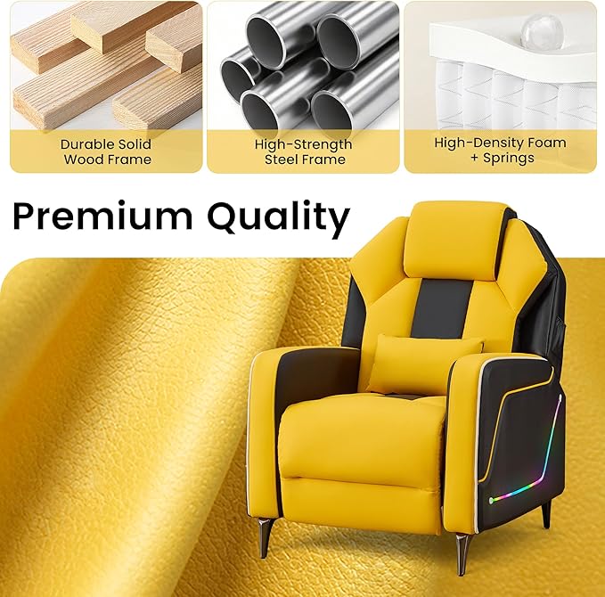 SAMERY Gaming Recliner Chair Push-Back Reclining Gaming Chair with Extended Footrest LED Light Pockets Lumbar Pillow Modern Ergonomic Recliner Sofa for Game Room Living Room (Yellow Recliner)