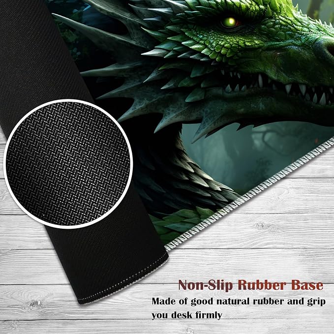 Gaming Mouse Pad Set Large Gaming Mouse Pad+Keyboard Wrist Rest+Mouse Wrist Rest+Coaster Easy Typing Pain Relief 31.5 × 11.8 inch Desk Mat for Home Office - Forest Green Dragon