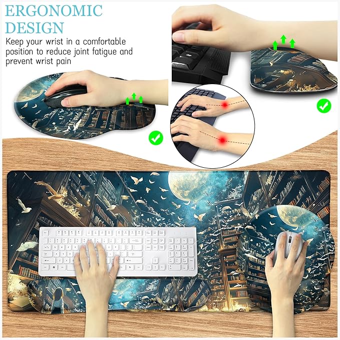 Anime Book Mouse Pad Set Large Desk Matt for Desktop Ergonomic Mouse Pad with Wrist Rest Gaming Mousepad Wrist Support Keyboard Mat Cup Coaster Set Cute Desk Accessories for Women Girl