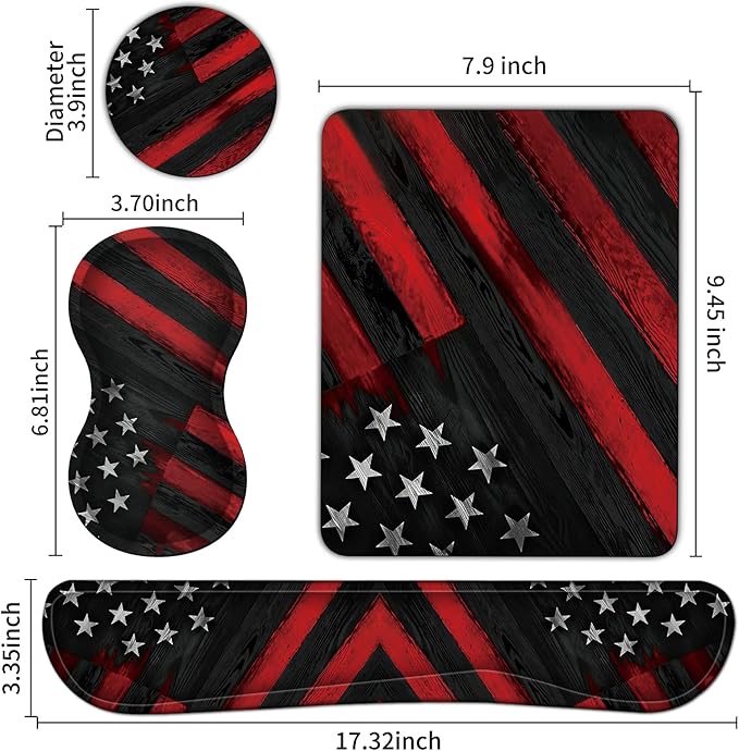 Keyboard Wrist Rest + Mouse Pad + Mouse Wrist Rest Support Set + Coaster Ergonomic Memory Foam Mouse and Keyboard Pad Set for Laptop Computer Office Home Working Gaming Wood Grain Flag