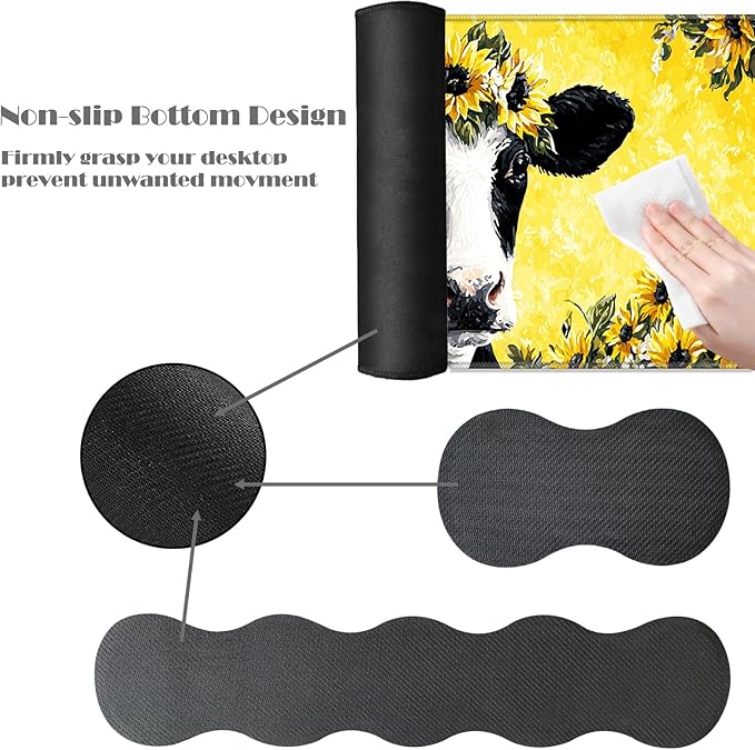 Ergonomic Keyboard Wrist Rest &amp Mouse Pad Wrist Rest SetXL Gaming Desk Mat 31.5x 11.8Non-Slip BaseMemory FoamEasy Typing Pain Relief for Office &amp HomeCow with Sunflower Crown