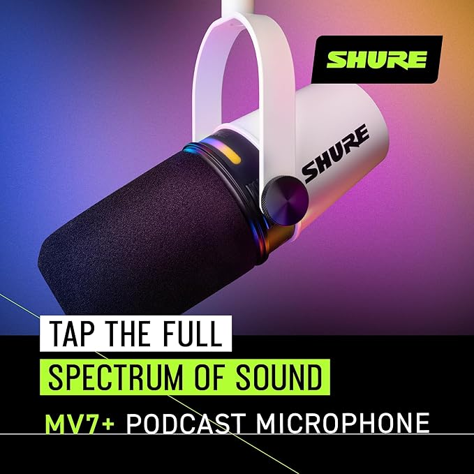 Shure MV7+ Podcast Dynamic Microphone – OBS Certified Enhanced Audio LED Panel USB-C &amp XLR Outputs Auto Level Mode Digital Pop Filter Reverb Effects – For Podcasting Streaming Recording W